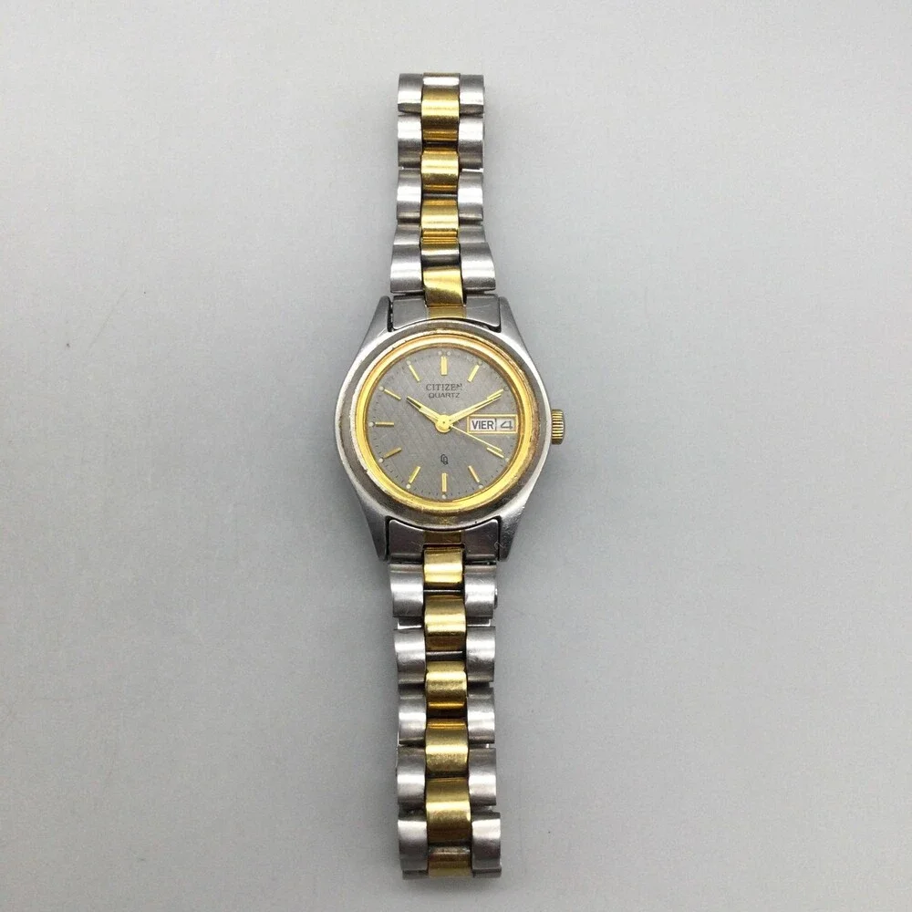 Vintage Citizen Womens Watch 24mm Gray Dial Two Tone Day Date New Battery 7.5